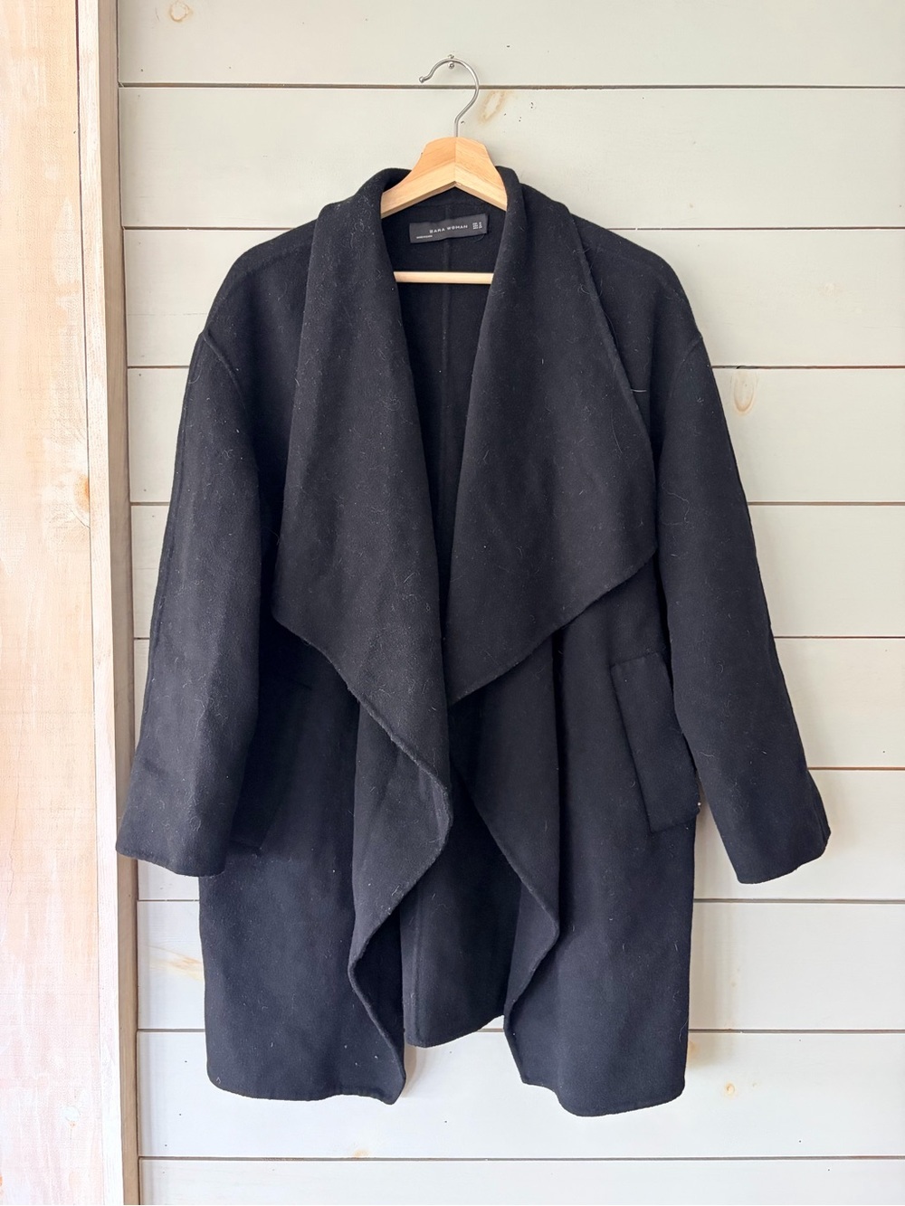 Zara Woman Black Draped Wool Blend Coatigan Jacket Medium
